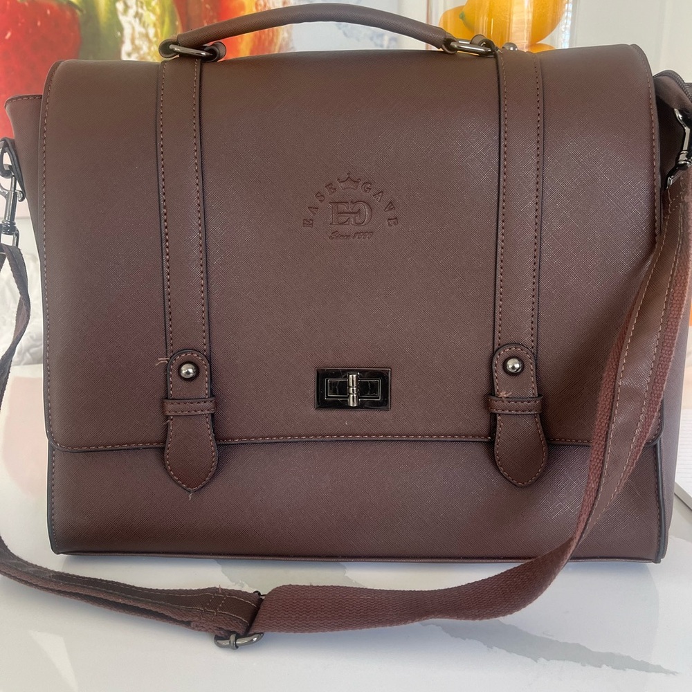 Brown Leather Briefcase with Adjustable Straps and Top Handle